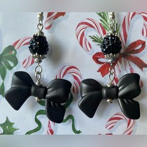 Elegant Black Bow and Sparkling Rhinestone Earrings